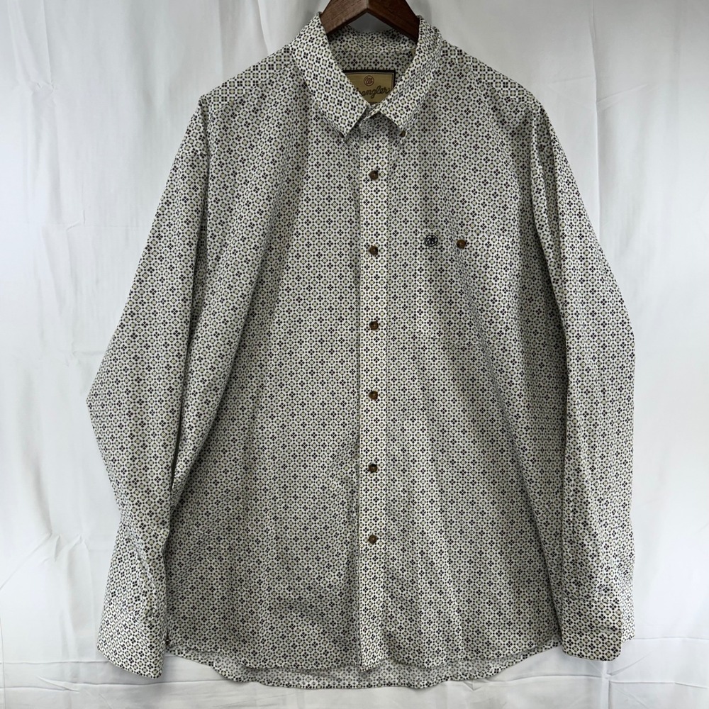 Wrangler Button Down Shirt Mens XL White Tan Brown Geometric Diamond Print